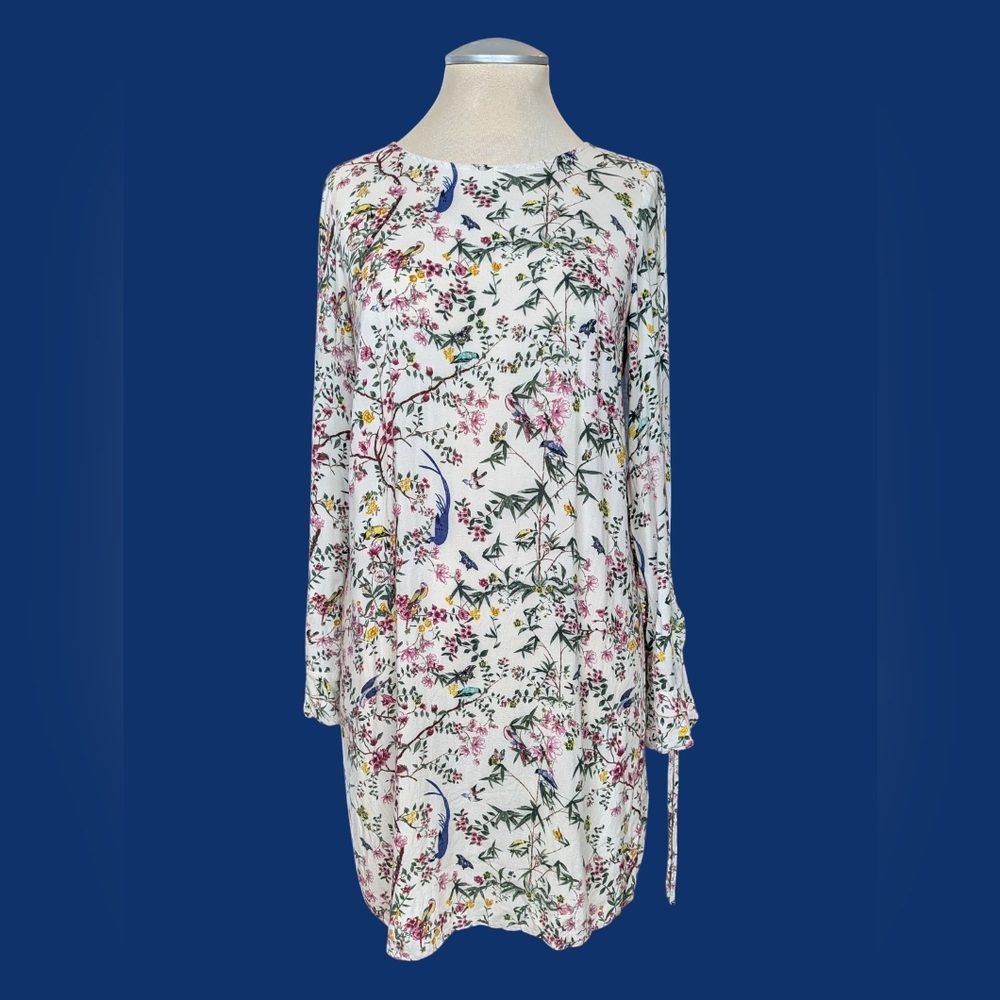 H&M Birds And Blooms Shift Dress With Bell Sleeves